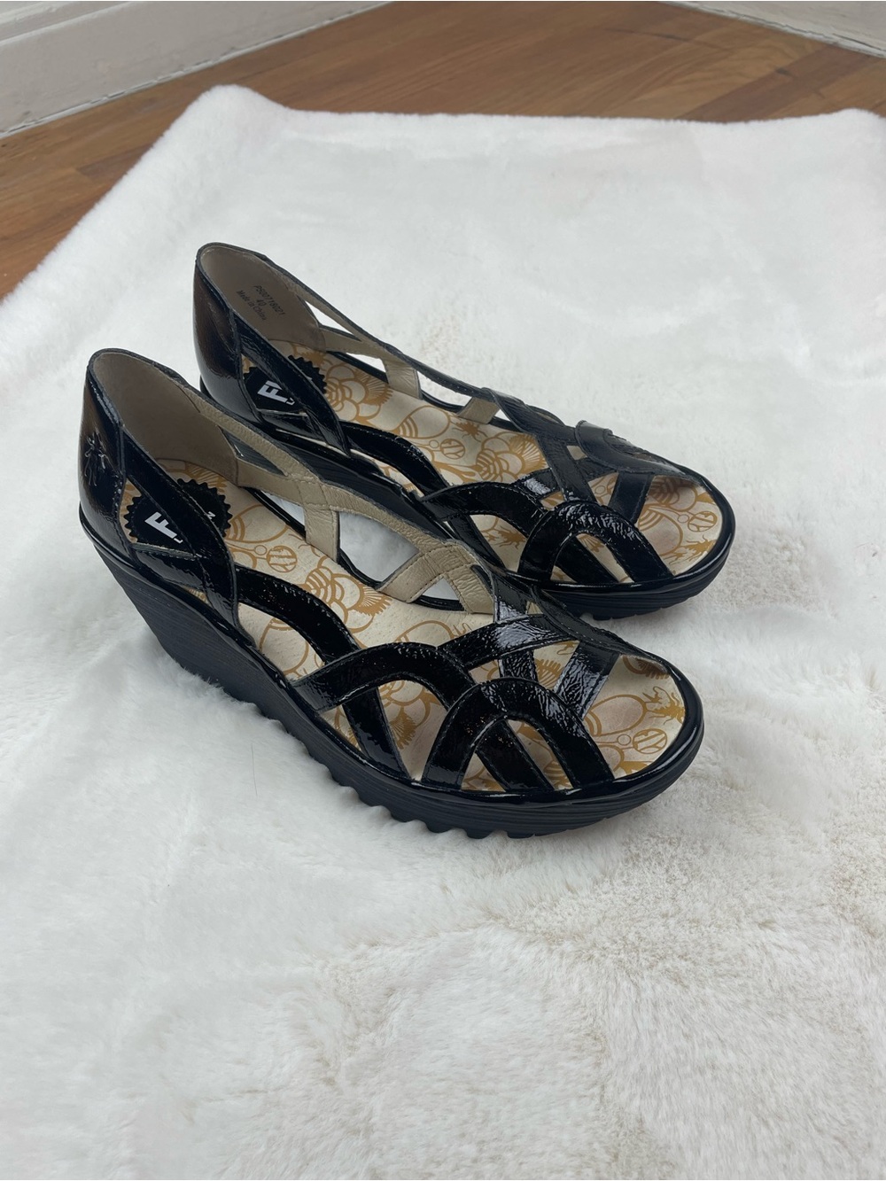 Fly London Black Patent Wedge Sandals Size 40